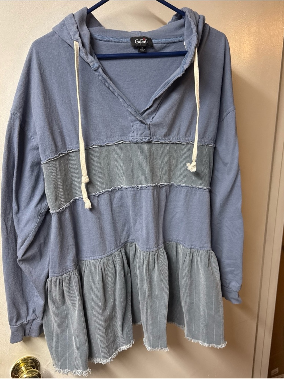 GGO Blue Hooded Tiered Pullover Top